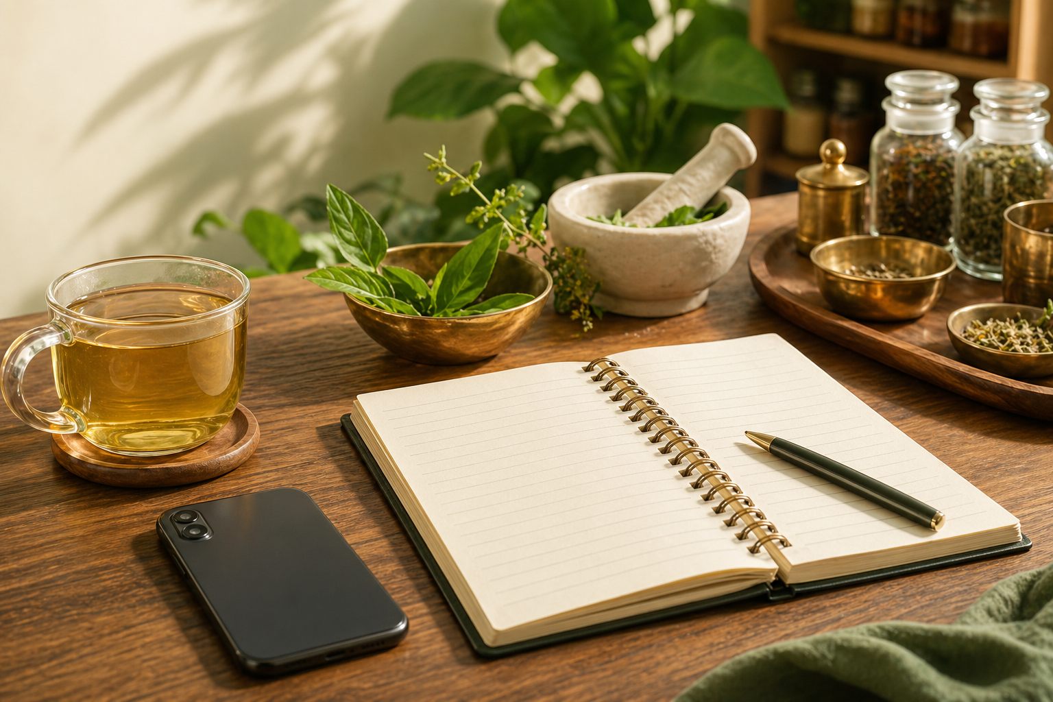 AI Generated Ayurveda Consultation Follow Up With Phone Notebook Herbs And Tea